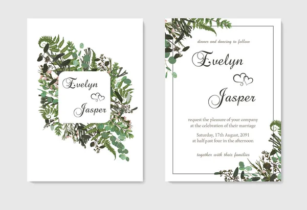 Set Wedding Invitation Greeting Card Date Banner Fern Leaf Boxwood Vector Graphics