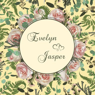 Çiçek davet düğün, kart davet ediyoruz. Vektör suluboya yeşil orman fern, brunia, otlar, çiçekler, okaliptüs, dalları şimşir, şimşir, chamaelaucium ve pembe gül ayarlayın. Natura, yeşil yuvarlak kare, sınır, circl