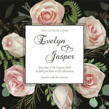 Çiçek davet düğün, kart davet ediyoruz. Vektör suluboya yeşil orman yaprak, fern, brunia, dalları şimşir, şimşir, chamaelaucium ve pembe gül. Dekoratif çerçeve altın, squar