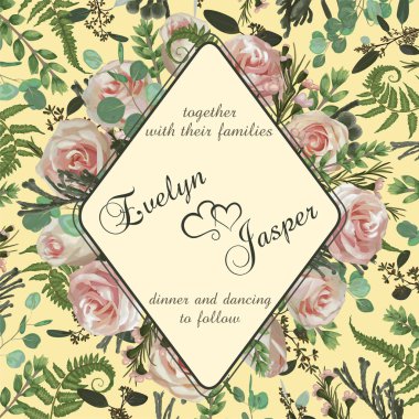 Dikey çiçek davet düğün, kart davet ediyoruz. Vektör suluboya yeşil orman fern, otlar, çiçekler, brunia, okaliptüs, dalları şimşir, şimşir, chamaelaucium ve pembe gül ayarlayın. Botanik dekoratif yuvarlak kare, rhom