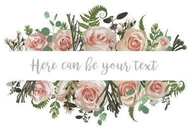 Vektör çizim çiçek ile bir kare, yeşil bir orman fern, Şimşir ve okaliptüs, brunia, pembe gül yaprakları. Düğün davetiyeleri, tebrik kartları, afiş, sertifikalar ve etiket için desen