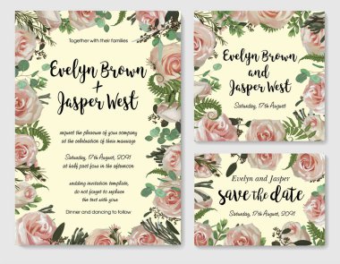 Vektör düğün davetiyesi, tebrik kartı, kümesini kaydetme tarihi. Yeşil yaprakları eğreltiotu, brunia, Şimşir, okaliptüs twigs, chamaelaucium ve pembe Gül çerçevesinde. Suluboya, rustik tarzı, afiş, sertifika