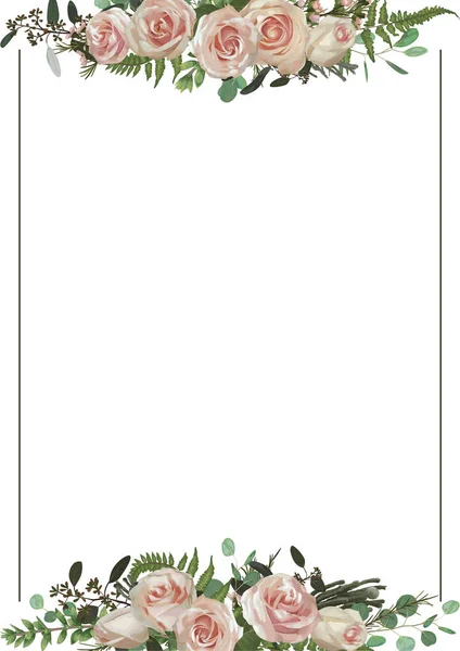 Cornice Rettangolare Dorata Decorativa Con Rami Eucalipto Felce Bosso Brunia — Vettoriale Stock