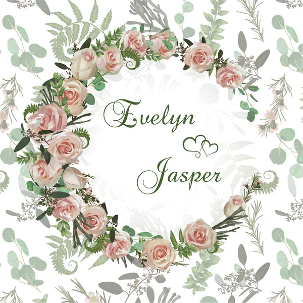 Προσκλητήριο Γάμου Στεφάνι Λουλούδια Και Φύλλα Μοτίβο Φόντου Βοτανική Εικονογράφηση — Διανυσματικό Αρχείο