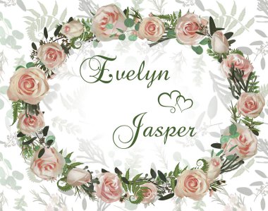 Çelenk çiçek ve yaprakları arka plan deseni ile. Botanik illüstrasyon. Şimşir, okaliptüs, brunia, orman fern ve pembe gül. Davetiye kartları. Tasarım öğeleri. Vecto