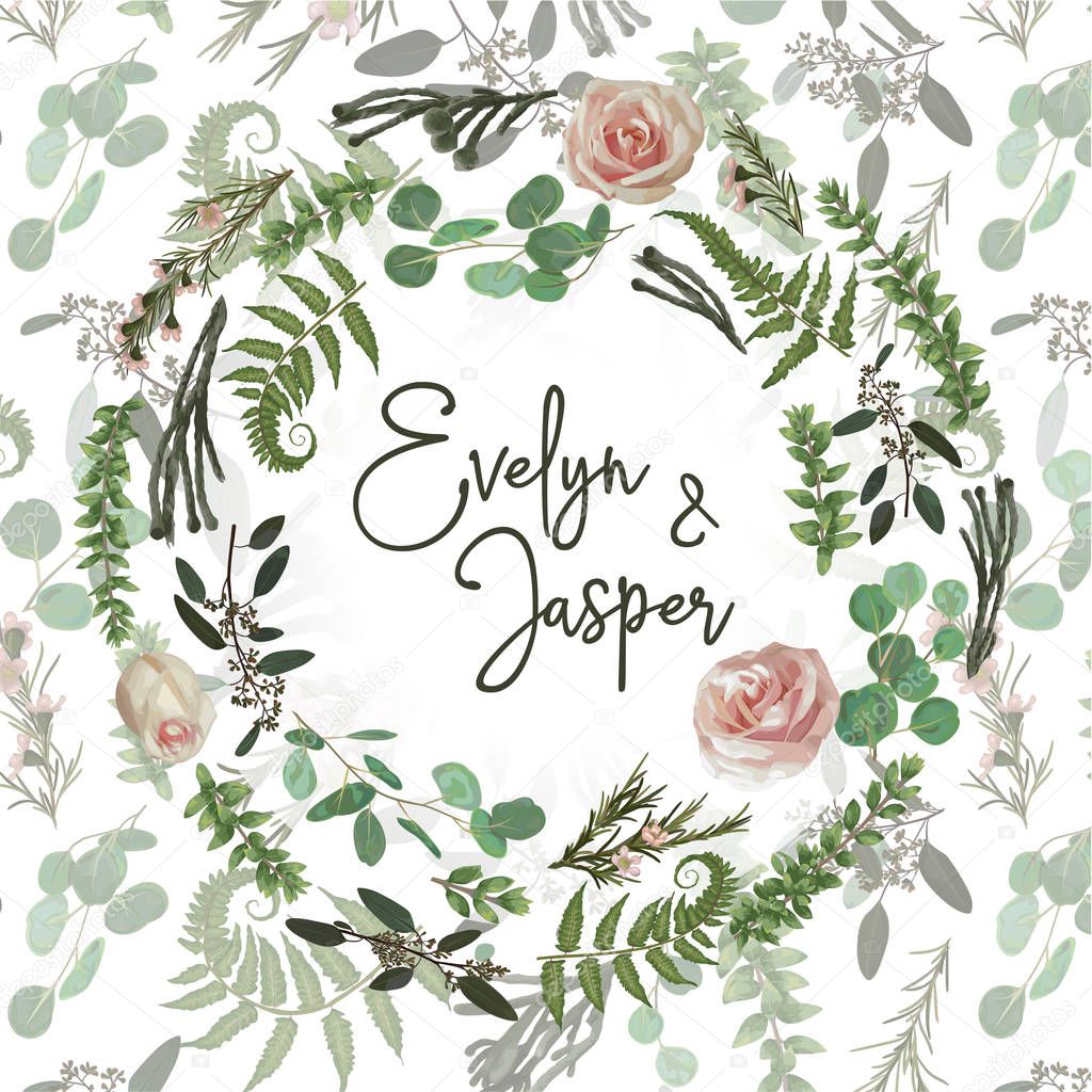 Wreath with flowers and leaves pattern. Fern, herbs, eucalyptus, branches boxwood, buxus, brunia, rose. Botanical green on white background. For wedding invitations, postcard