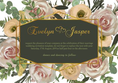 Vektör poligonal altın çerçeve. Pembe Gül çiçek, eustoma krem, b