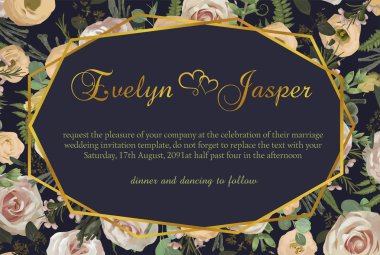 Vektör poligonal altın çerçeve. Pembe Gül çiçek, eustoma krem, b