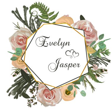 Vektör poligonal altın çerçeve. Pembe Gül çiçek, eustoma krem, b