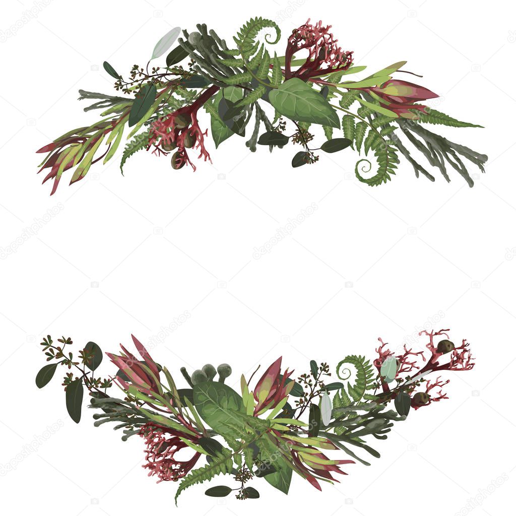 Set of arc, wreath. Greenery and leaves, branches, brunia, bloom