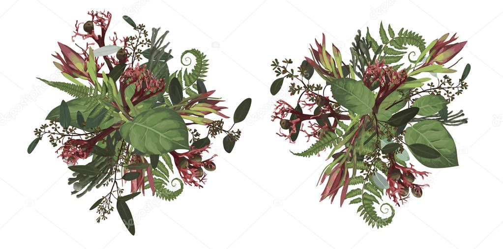 Set of wedding bouquets, Greenery and leaves, branches, brunia, 