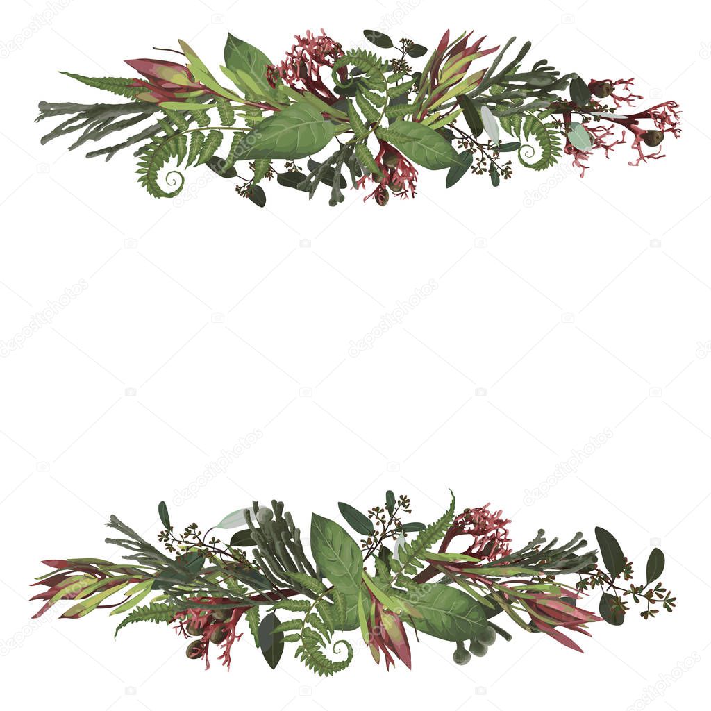 Set of arc, wreath. Greenery and leaves, branches, brunia, bloom