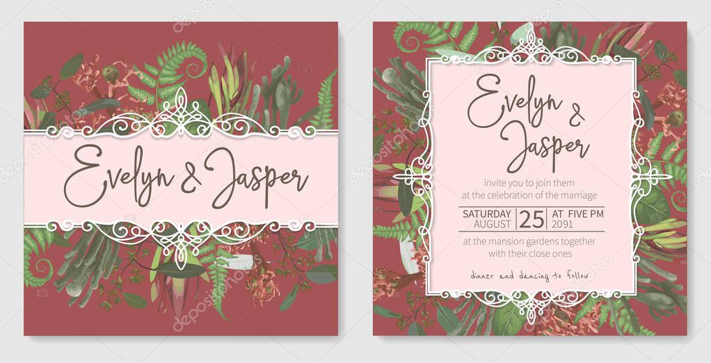 Wedding invitation set, beautiful greeting card, vector watercol