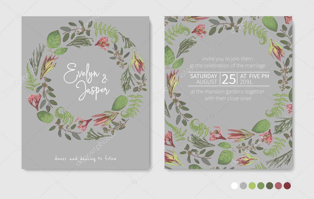 Green vector wreath frame flowers and leaves.Branches, brunia, e