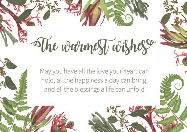 Düğün, suluboya mevsimlik çiçek kartı. Bitkiler, yapraklar, dallar