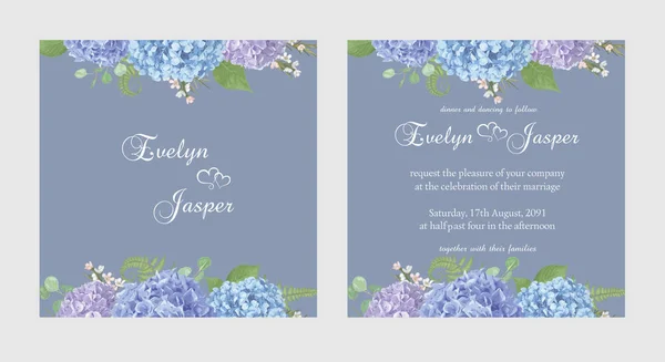 Dos tarjetas de invitación de boda flor de temporada.Establecer hojas, flor — Archivo Imágenes Vectoriales