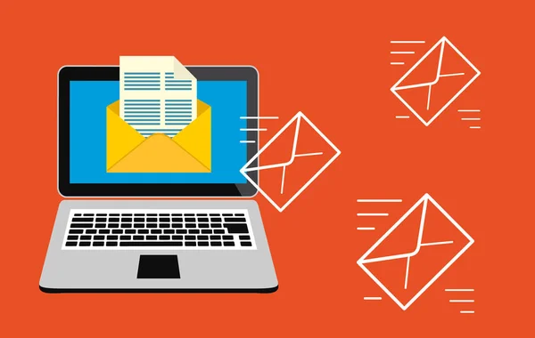 E-Mail-Marketing, Internet-Werbekonzepte. Laptop mit Umschlag und E-Mail lesen auf dem Bildschirm. Vektorillustration. flache Bauweise. — Stockvektor