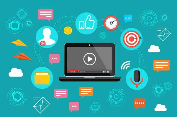 Видео маркетинг. Видео, вебинар, онлайн-конференция. Онлайн-общение в Интернете . — стоковый вектор