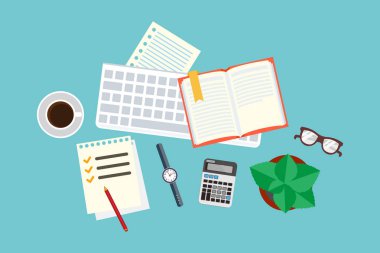 Office. Masaüstü. Yukarıdan görüntüleyin. Düz vektör çizim.