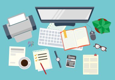Office. Gerçekçi işyeri organizasyon. Üstten görünüm. Hisse senedi vektör çizim.