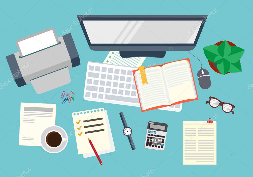 Office. Realistic workplace organization. The view from the top. Vector stock illustration.