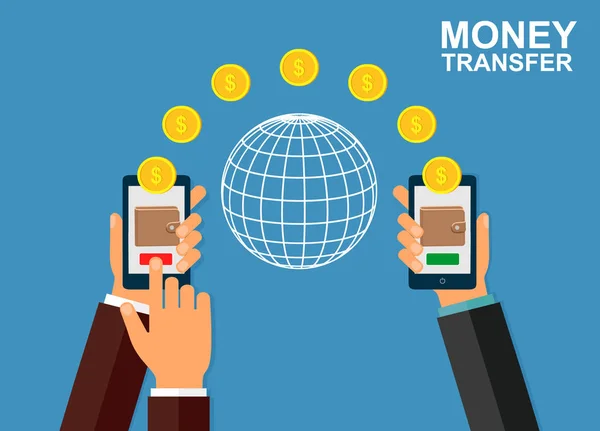 Transferencia de dinero con dispositivo móvil, teléfono inteligente con aplicación de pago bancario. Banca por Internet, pago sin contacto, transacciones financieras en todo el mundo. Ilustración de stock vectorial . — Archivo Imágenes Vectoriales