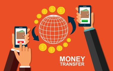 Bir taşınabilir aygıt kullanarak para transferi. Hisse senedi vektör çizim.