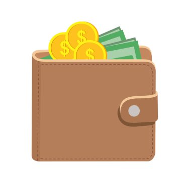 Çanta. M-cüzdan dolar ve para ile. Beyaz arka plan üzerinde izole vektör çizim.