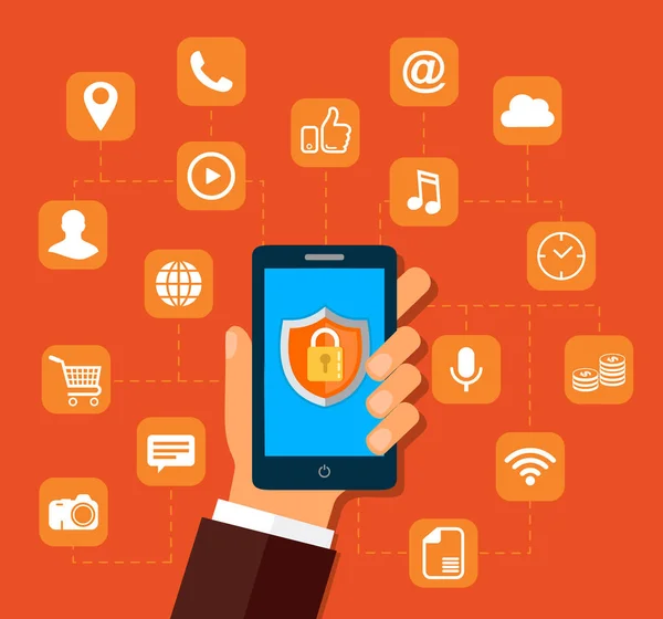 Sicurezza delle applicazioni mobili. App di sicurezza mobile sullo schermo dello smartphone. Illustrazione vettoriale di design piatto — Vettoriale Stock