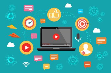 Video pazarlama. Video, webinar, online konferans. Vektör çizim