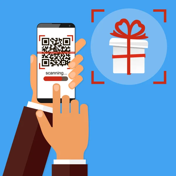 Smartphone de mano con código QR en pantalla y regalo. Escanear código QR y obtener un regalo o concepto de descuento. Ilustración vectorial — Vector de stock