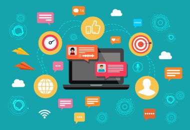 Kavram nline sohbet dizüstü ile sohbet kabarcık tebliğ. İnsanlar internet üzerinden mesajlaşma. Vektör çizim