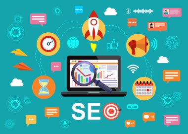 SEO Optimizasyon, web analytics tasarlayın. Site hedefli arama sorguları için arama motorlarında görünürlüğünü artırmak için önlemler kümesi. Hisse senedi vektör çizim