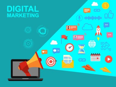 Dijital pazarlama. Dijital pazarlama kavramı. Hisse senedi vektör çizim