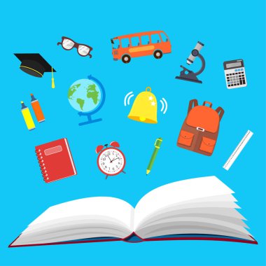 Okul. Kitap ve okul konular açın. Okula dönüş. Vektör çizim