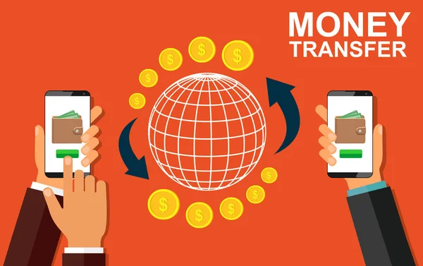 Transferir dinero usando un dispositivo móvil. Ilustración vectorial — Archivo Imágenes Vectoriales
