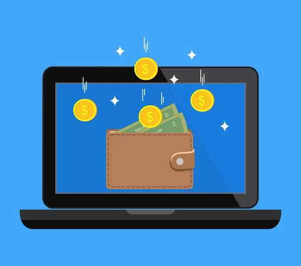 Online Dochodów Zysku Pieniądze Konta Portfela Latanie Monitorze Laptopa Złote — Wektor stockowy
