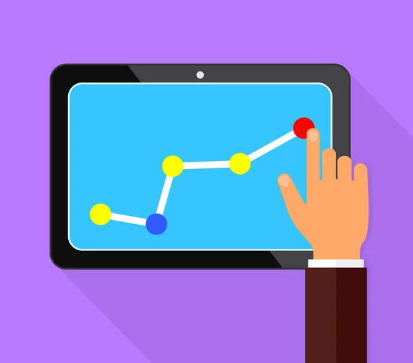 Gráfico. Datos analíticos. Dedo arriba sosteniendo la flecha del gráfico. Empresario gestiona gráfico de crecimiento financiero. Concepto de crecimiento de beneficios — Archivo Imágenes Vectoriales