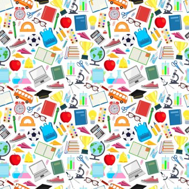 Dikişsiz desen. Okul. Okula dönüyoruz. Sonsuz yinelenen elemanları ile vektör Stok illüstrasyon