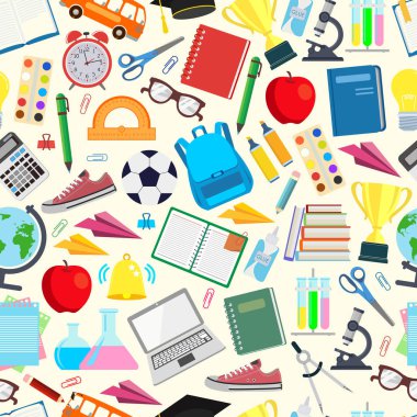 Dikişsiz desen. Okul. Okula dönüyoruz. Sonsuz yinelenen unsurlarla vektör Illustration