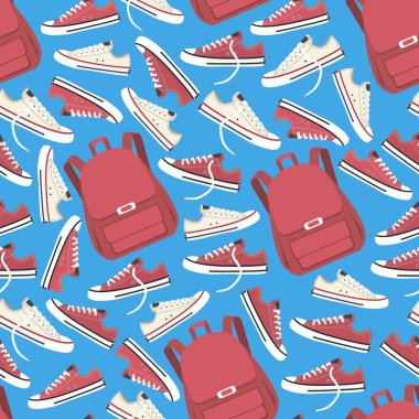 Kusursuz desen. Çanta ve spor ayakkabılar. Vektör çizimi