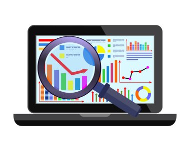 Analytics. Monitörde bir grafik olan dizüstü bilgisayar. Vektör çizimi