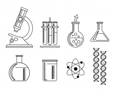 Kimya. Simgeler ayarlandı. Beyaz arka planda yalıtılmış vektör çizimi