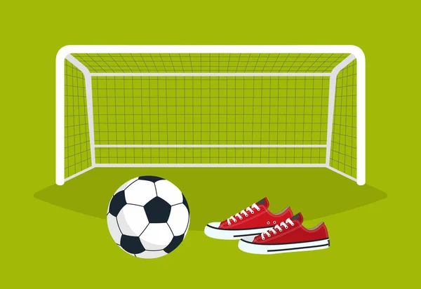 Fußball. Fußball und Turnschuhe auf dem grünen Feld vor dem Tor. Vektorillustration — Stockvektor