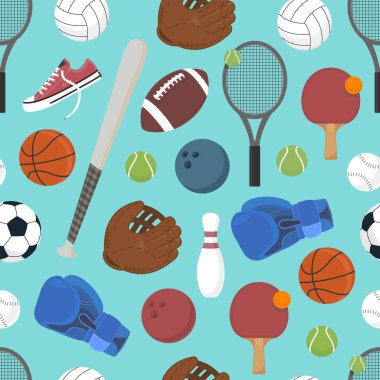 Spor. Kusursuz arka plan. Spor topları ve spor için oyun öğeleri seti. Sağlıklı yaşam tarzı. Vektör çizimi