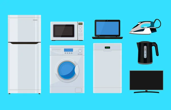 Ev aletleri. Teçhizatlar. Demir, buzdolabı, mikrodalga, çamaşır makinesi, laptop, bulaşık makinesi, çaydanlık ve televizyon. Vektör illüstrasyonu — Stok Vektör