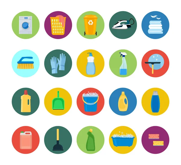 Schoonmaken. iconen. Wasmachine, wasmiddelen en schoonmaakmiddelen voor het reinigen van het huis. Vector illustratie geïsoleerd op een witte achtergrond — Stockvector