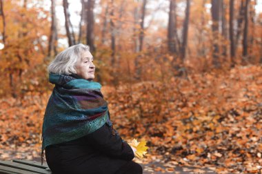 Sonbahar öğleden sonra bir parkta bir yürüyüş yaşlı kadın