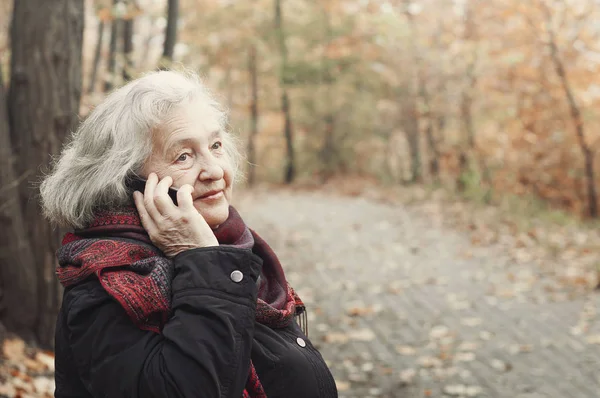 Пожилая Женщина Разговаривает Телефону Осеннем Парке Время Прогулки Лицензионные Стоковые Изображения