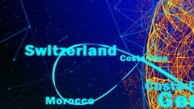 Futbol topu ve kıta hatları ve parçacıklar ve adları Dünya Kupası'na katılan Devletler oluşan bir degrade arka plan üzerinde dönen planet Earth